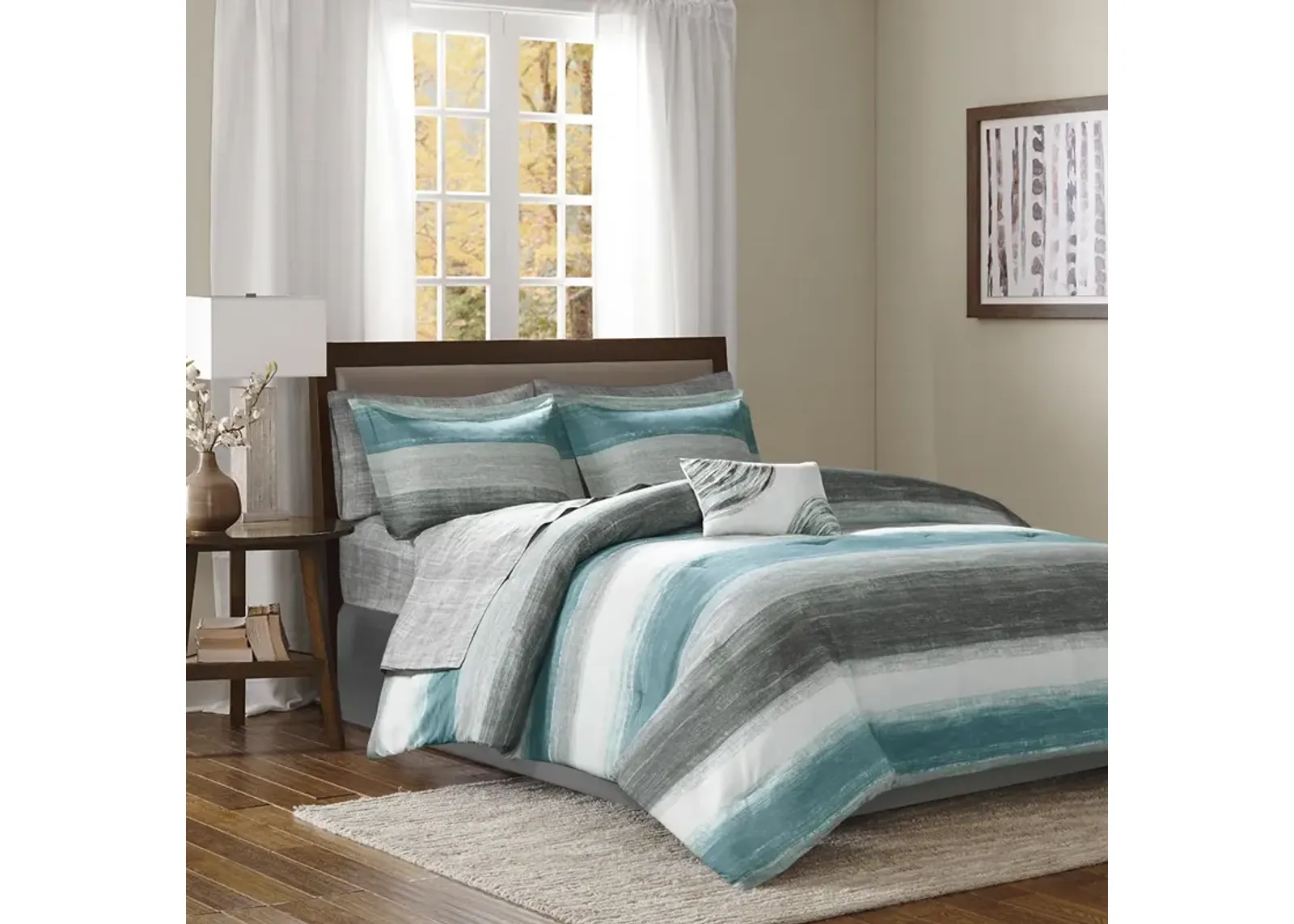 Madison Park Essentials Saben Aqua 7 Piece Comforter Set with Cotton Bed Sheets