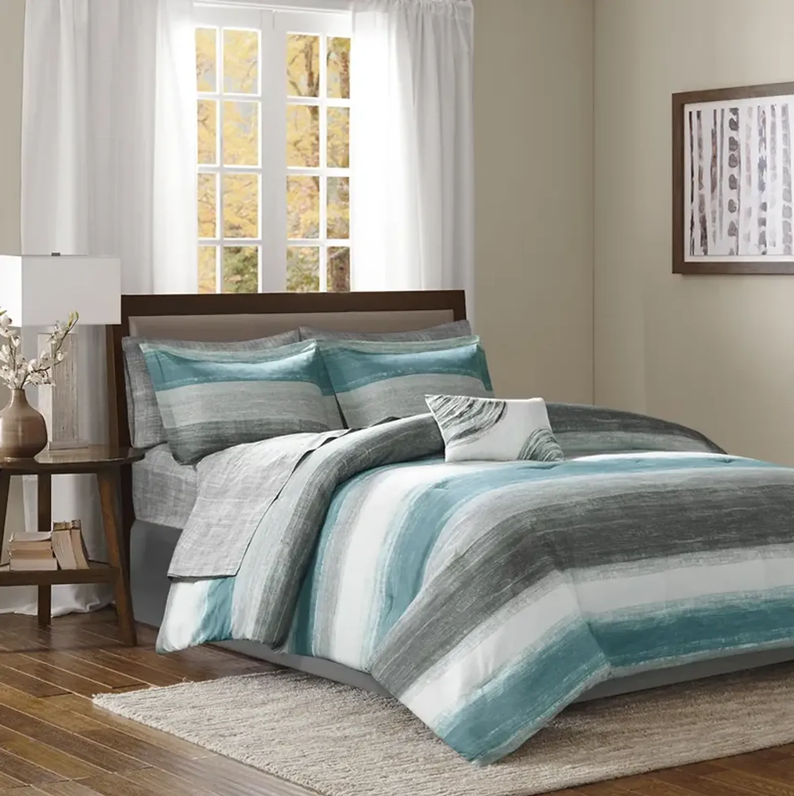 Madison Park Essentials Saben Aqua 7 Piece Comforter Set with Cotton Bed Sheets