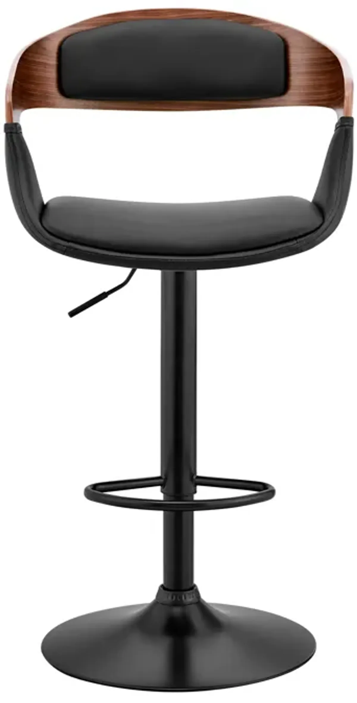 Benson Adjustable Black Faux Leather and Walnut Wood Bar Stool with Black Base