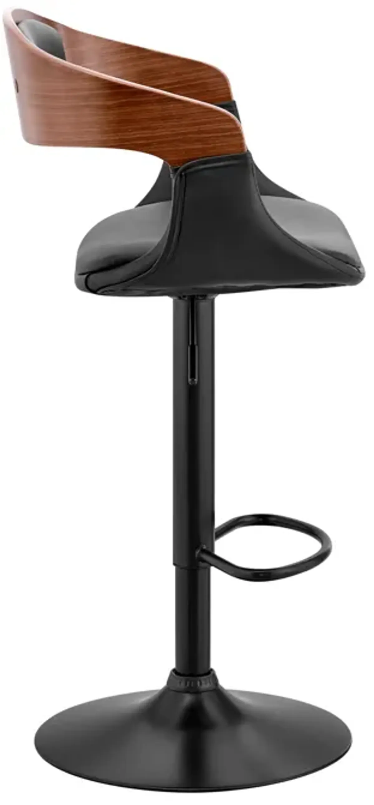 Benson Adjustable Black Faux Leather and Walnut Wood Bar Stool with Black Base