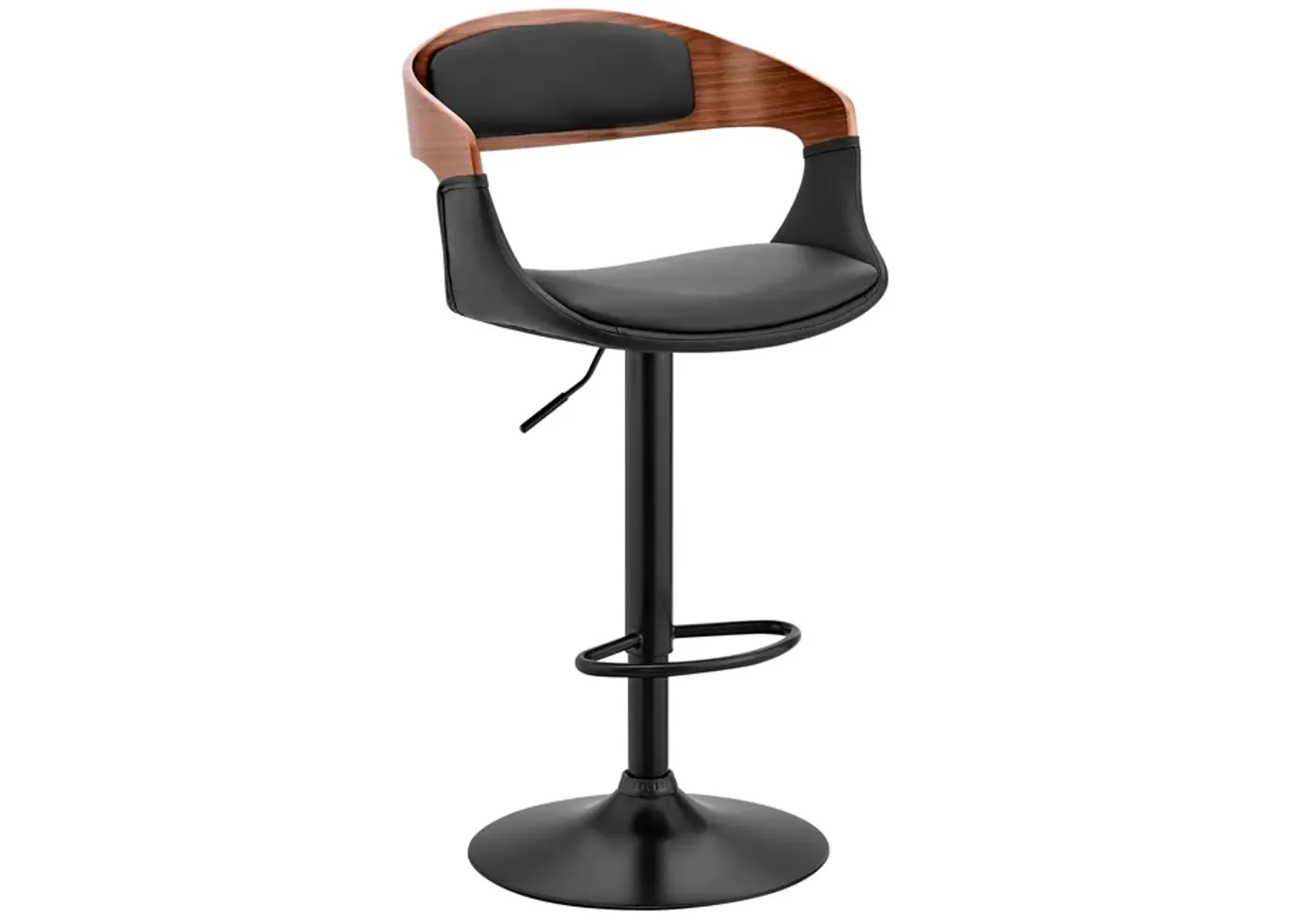 Benson Adjustable Black Faux Leather and Walnut Wood Bar Stool with Black Base