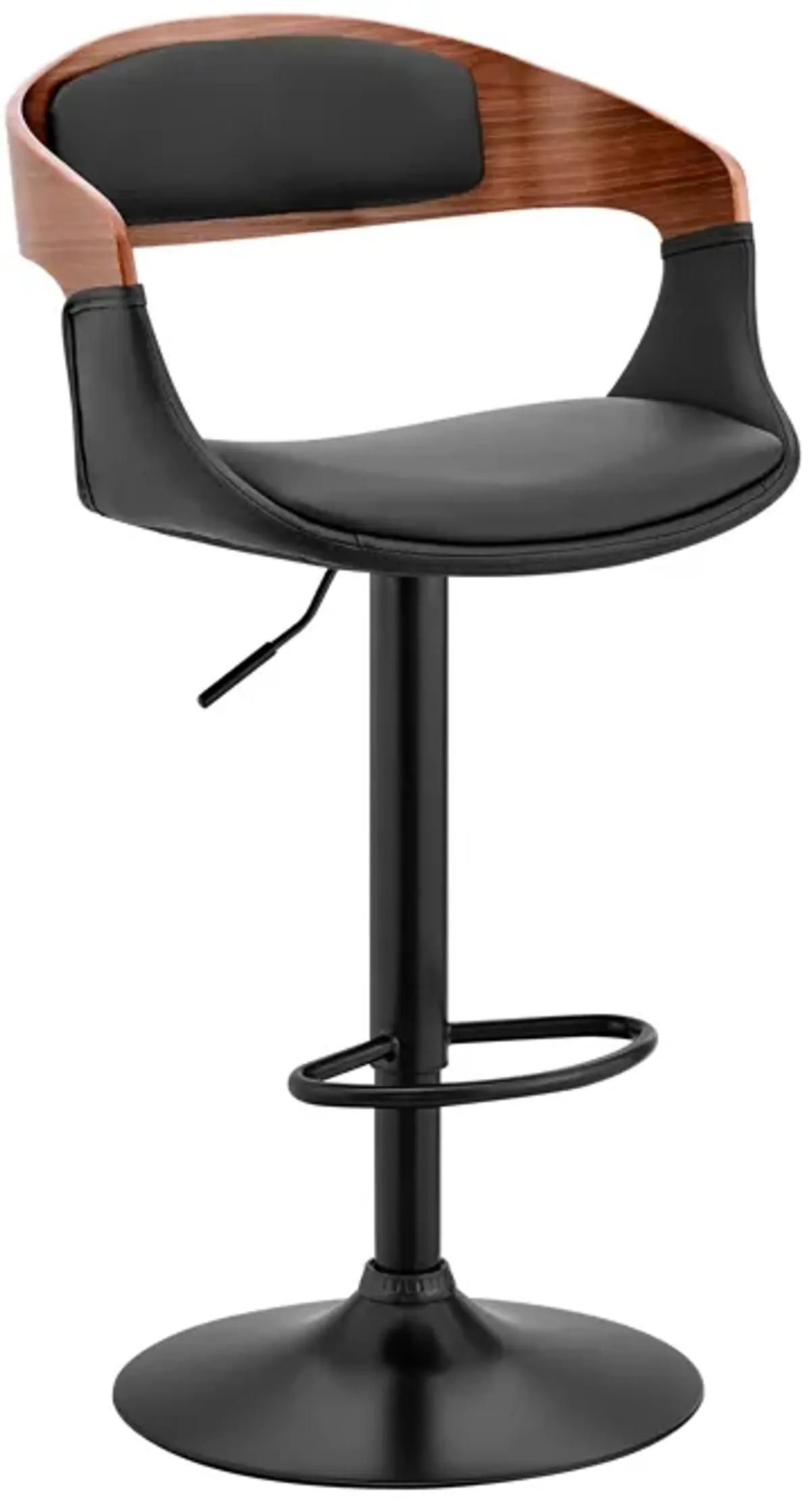 Benson Adjustable Black Faux Leather and Walnut Wood Bar Stool with Black Base