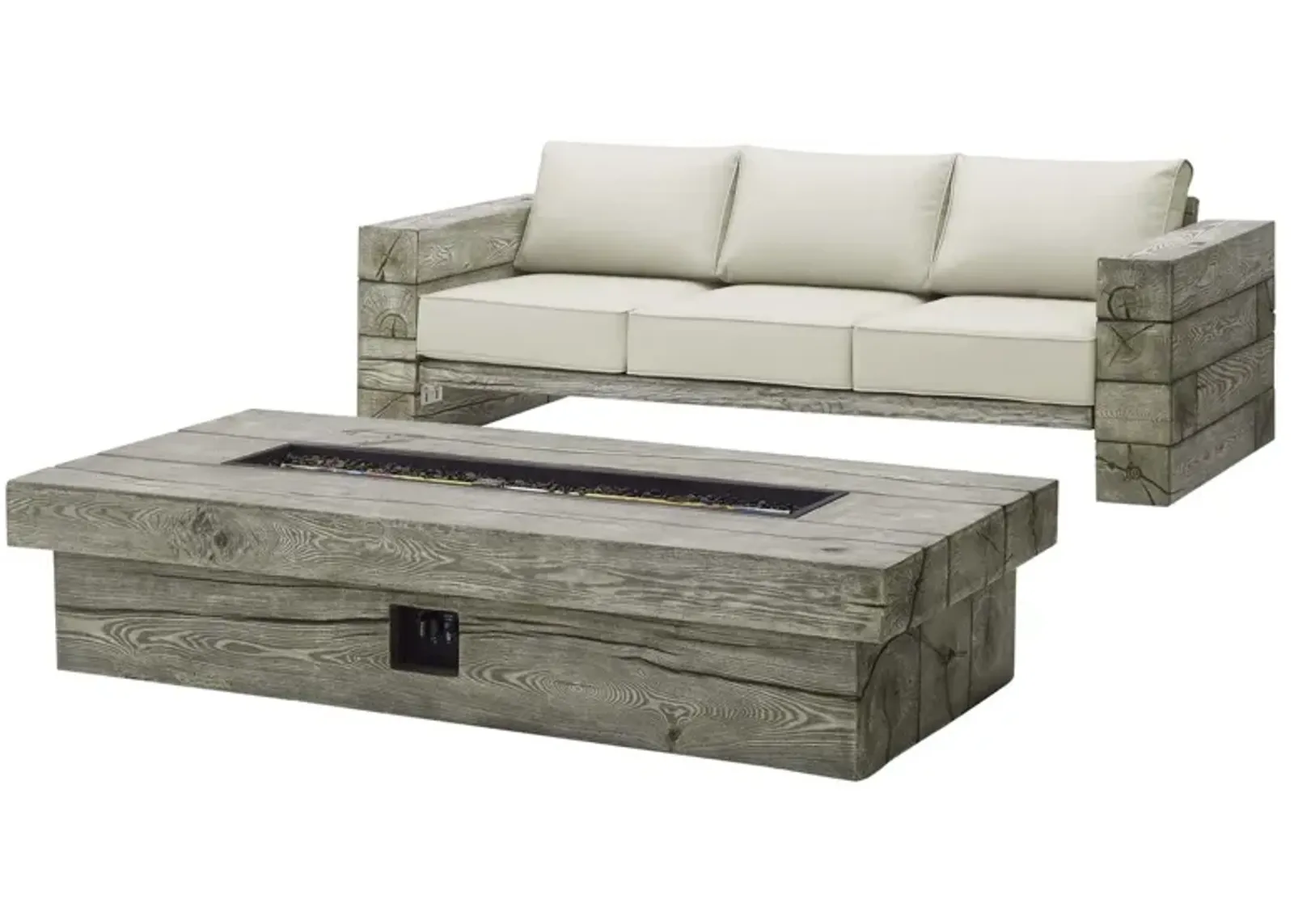 Manteo Rustic Coastal Outdoor Patio Sunbrella® Sofa and Fire Pit Set