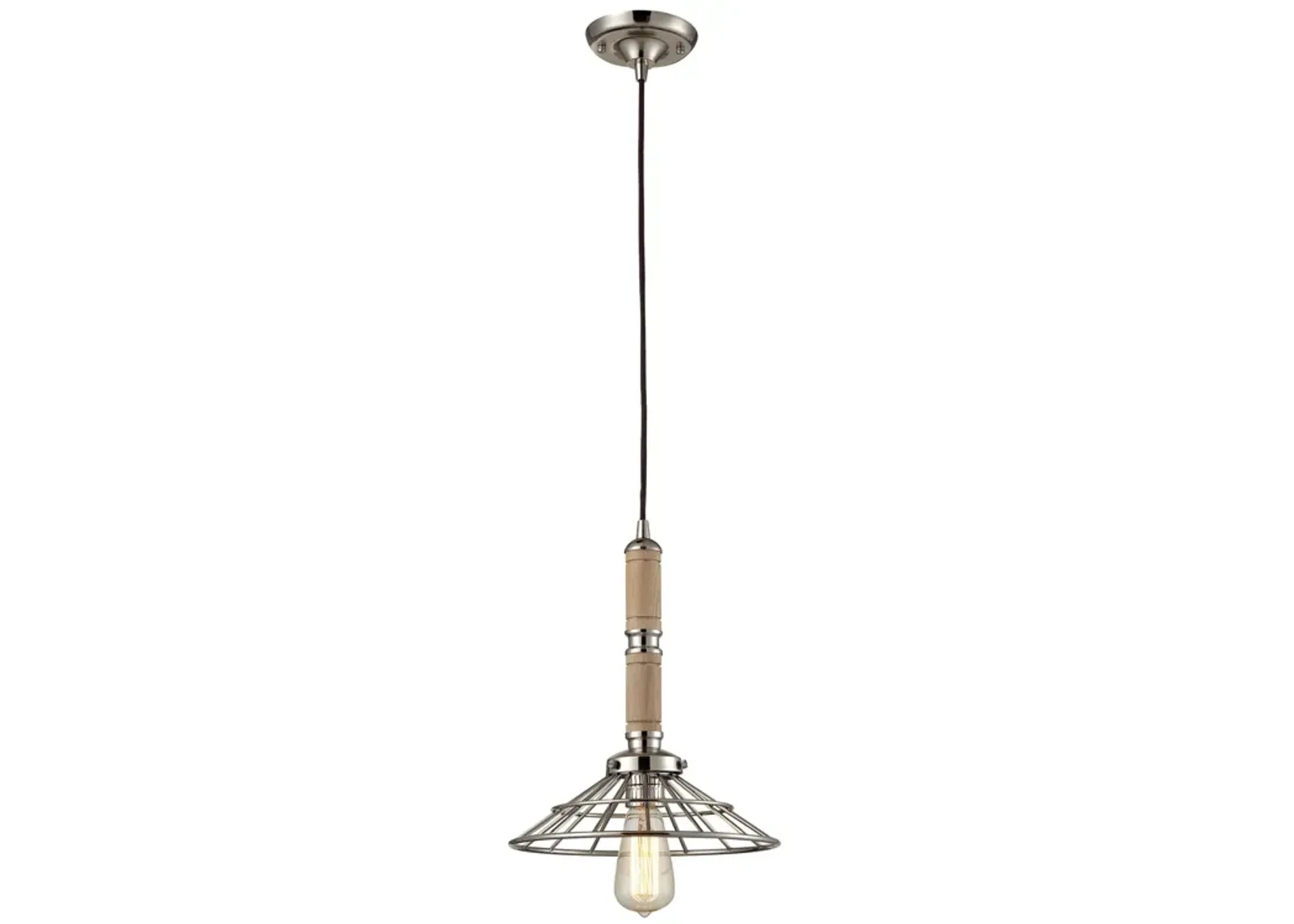 1-Light Wood Pendant in Polished Nickel