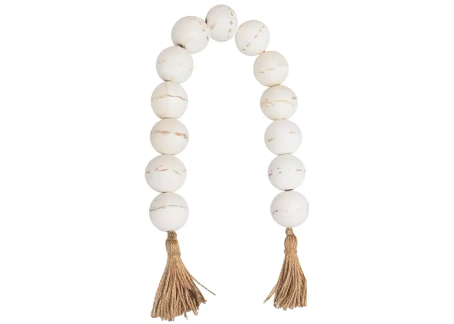 Wood, 32" Large Beaded Garland W/ Tassel, Wht Wash