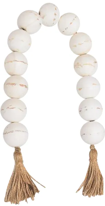 Wood, 32" Large Beaded Garland W/ Tassel, Wht Wash