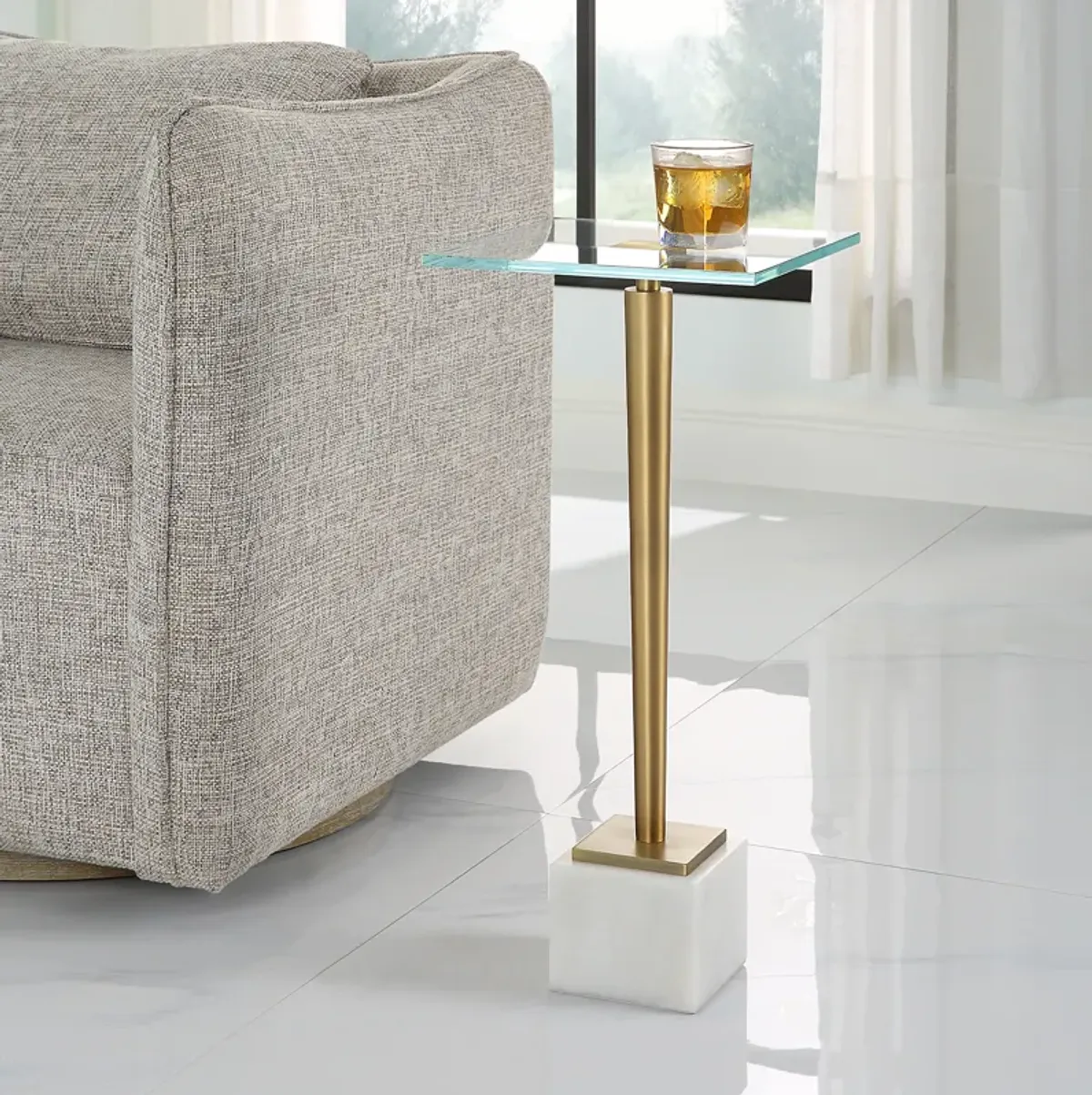 Natural White Marble And Tempered Glass Top Marble Base End Tables