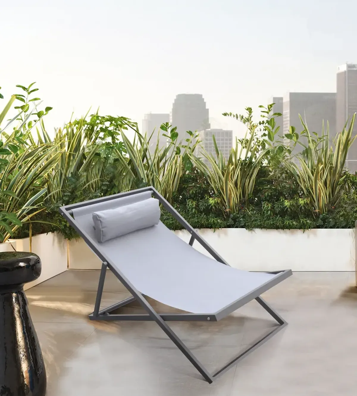 Wave Outdoor Patio Aluminum Deck Chair in Grey Powder Coated Finish with Grey Sling Textilene