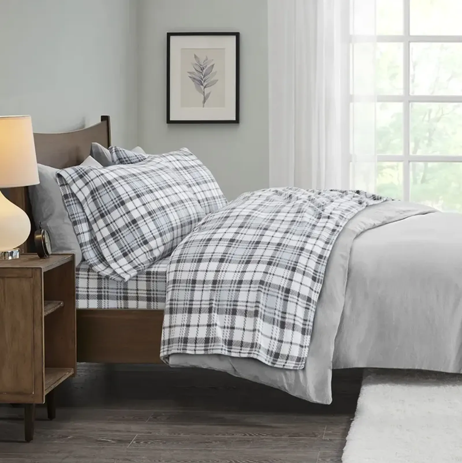 True North by Sleep Philosophy Micro Fleece Grey Plaid Sheet Set