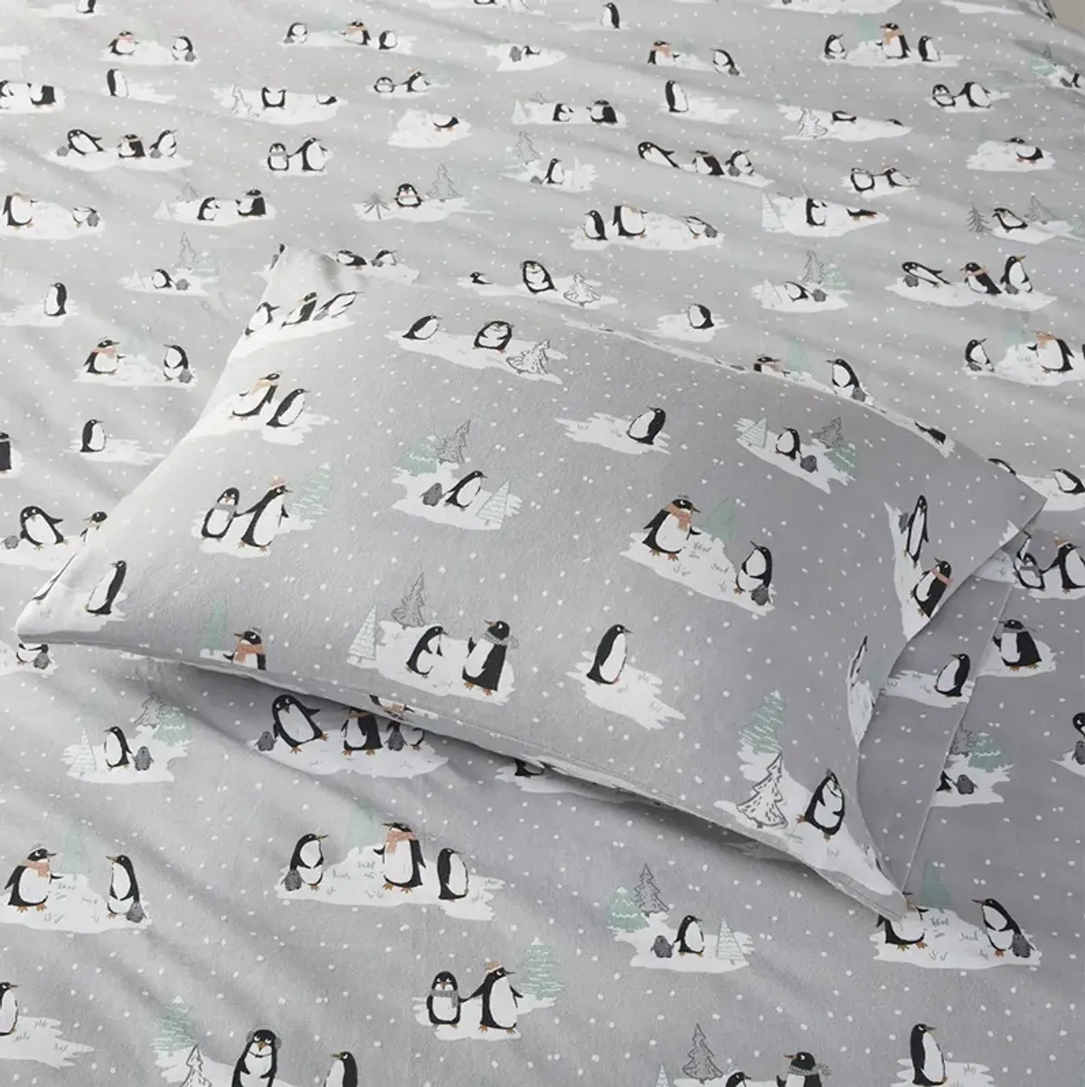 True North by Sleep Philosophy Cozy Flannel Grey Penguins Printed Sheet Set