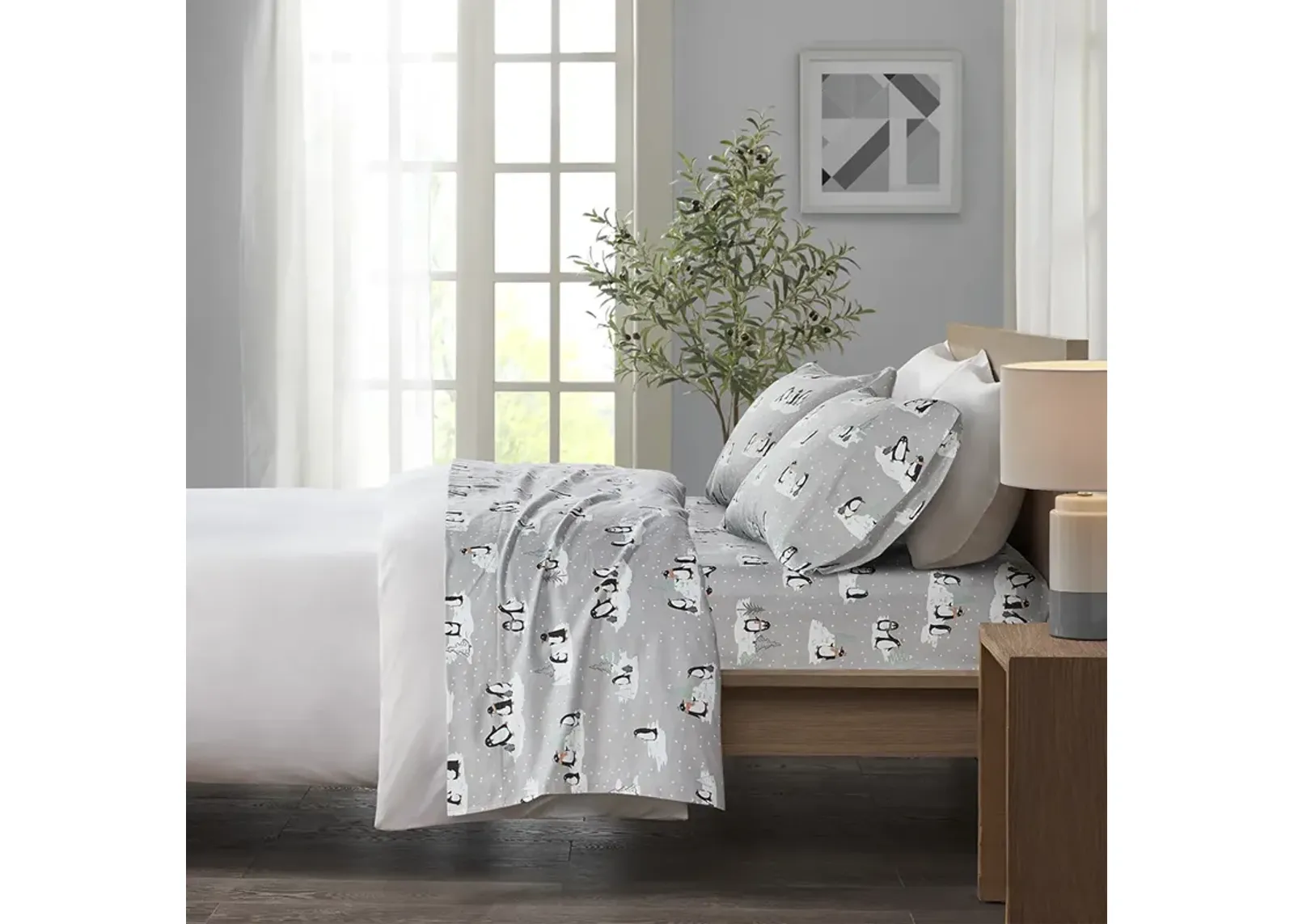 True North by Sleep Philosophy Cozy Flannel Grey Penguins Printed Sheet Set