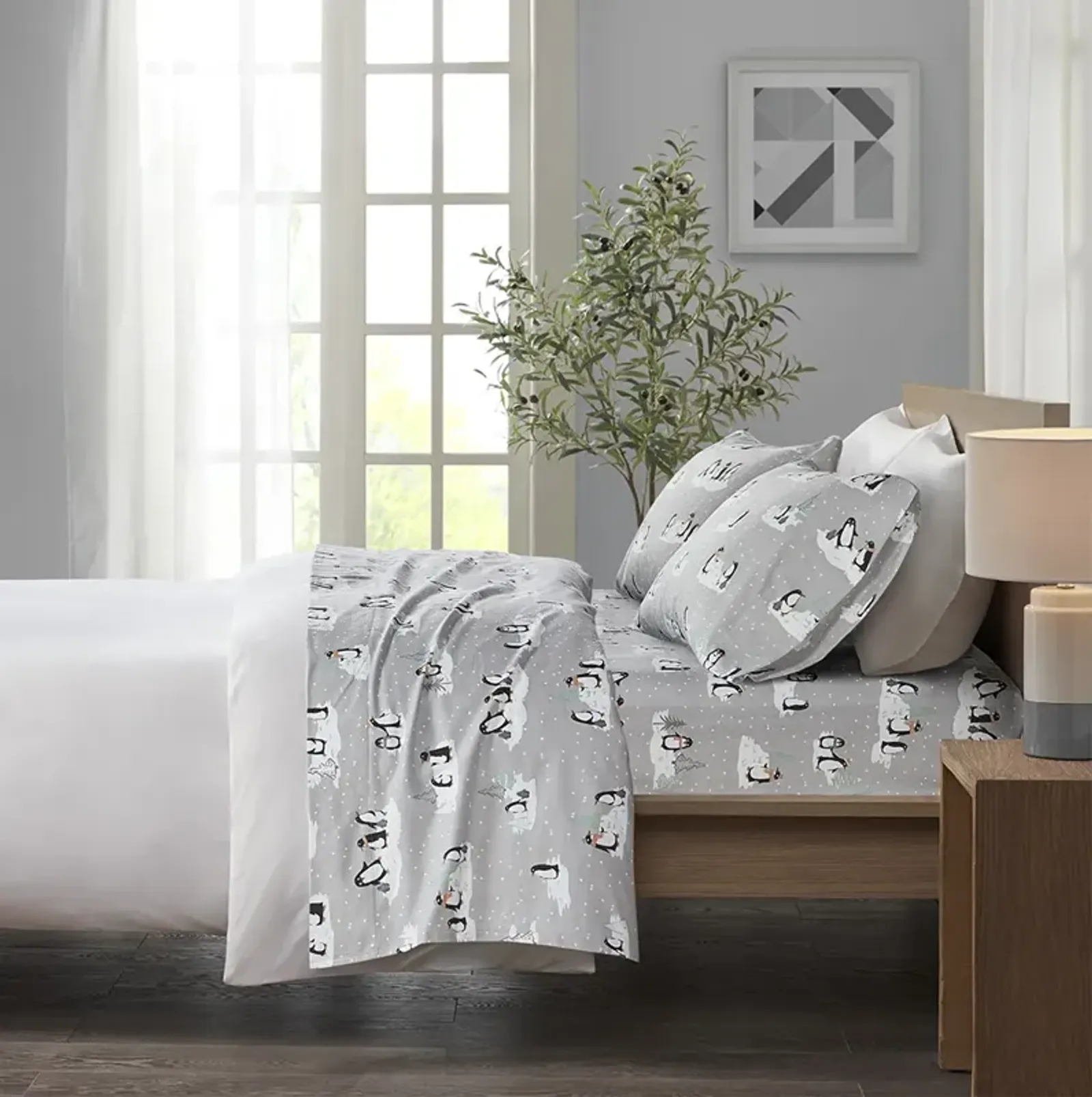 True North by Sleep Philosophy Cozy Flannel Grey Penguins Printed Sheet Set