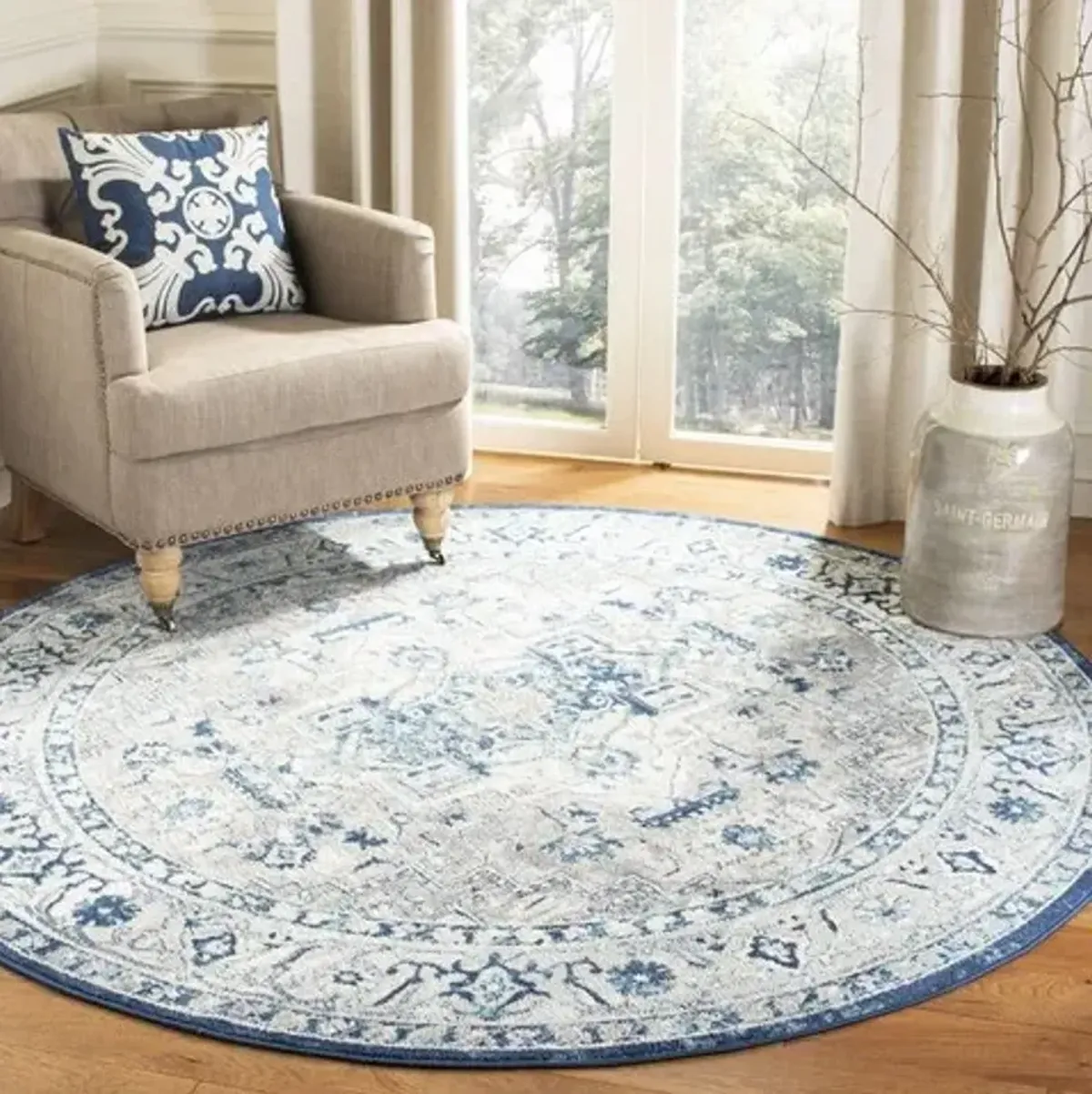 Brentwood 851 Light Grey / Blue 3' X 3' Round Round Powerloomed Rug