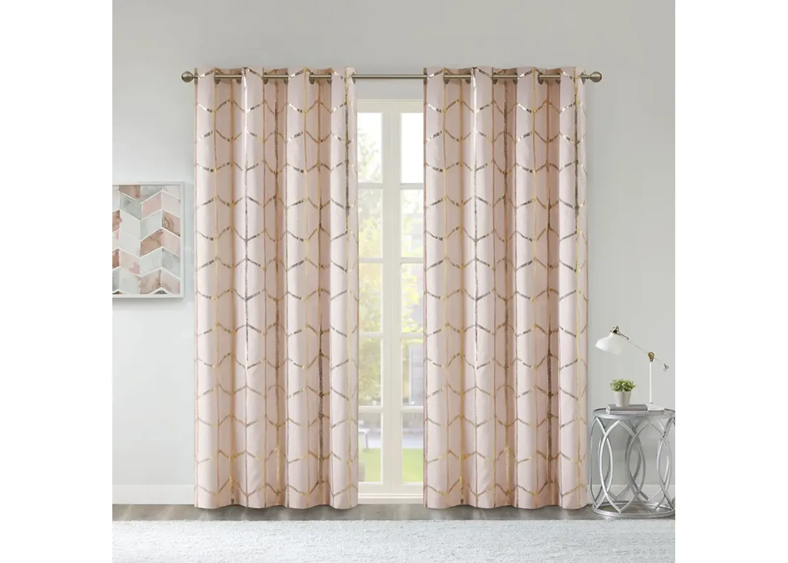 Intelligent Design Raina Blush/Gold Total Blackout Metallic Print Grommet Top Curtain Panel