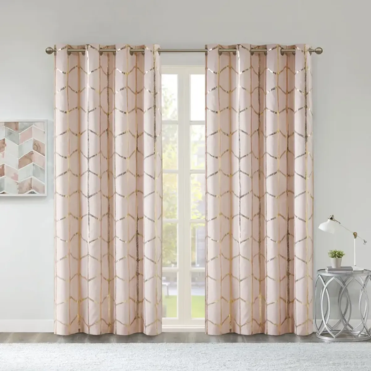 Intelligent Design Raina Blush/Gold Total Blackout Metallic Print Grommet Top Curtain Panel