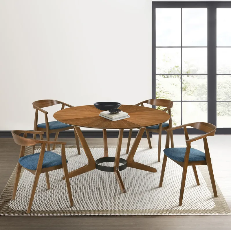 Santana 5 Piece Round Walnut Wood Dining Table Set with Blue Fabric