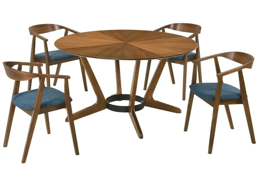 Santana 5 Piece Round Walnut Wood Dining Table Set with Blue Fabric