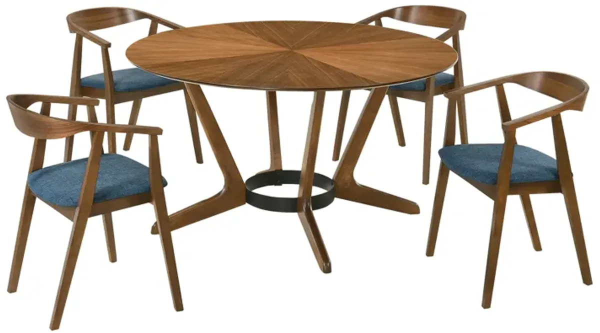 Santana 5 Piece Round Walnut Wood Dining Table Set with Blue Fabric