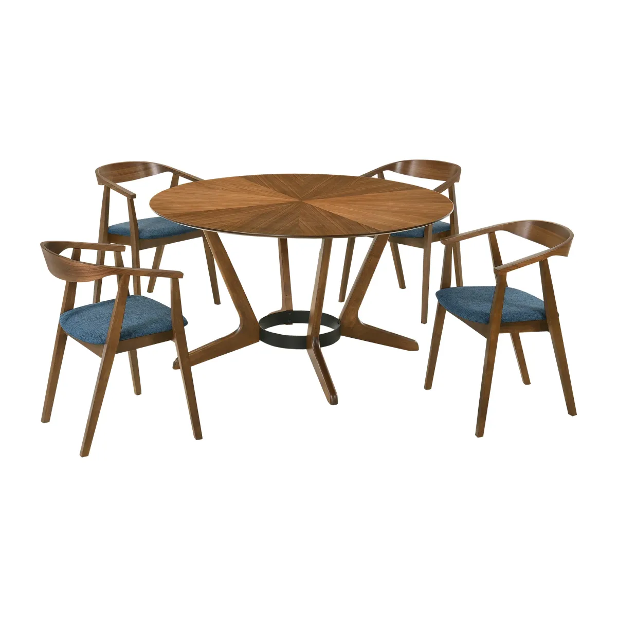 Santana 5 Piece Round Walnut Wood Dining Table Set with Blue Fabric