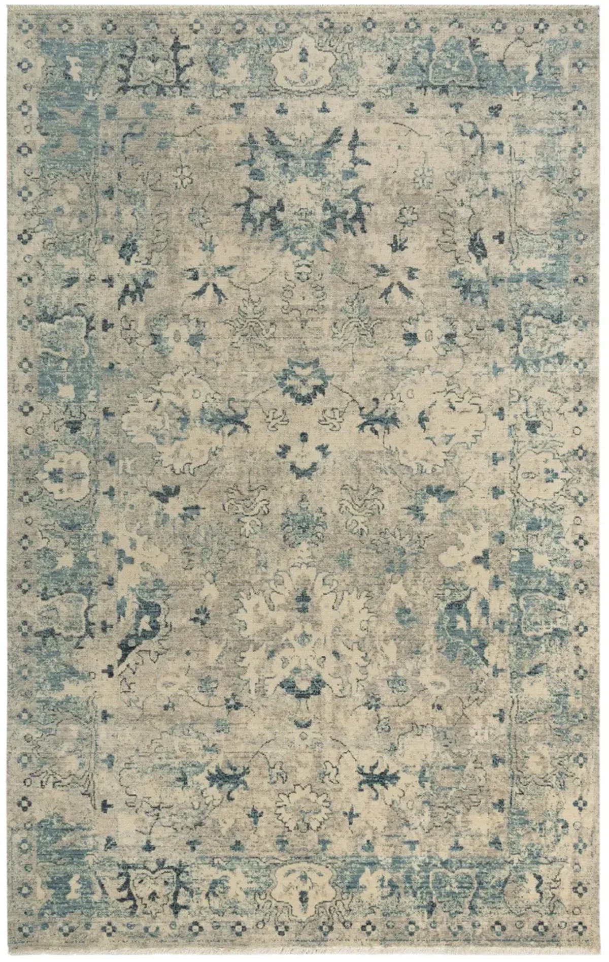 Platinum Beige/Blue Distressed Classical Proprietary Wool 2' x 3'  Rectangle Rug