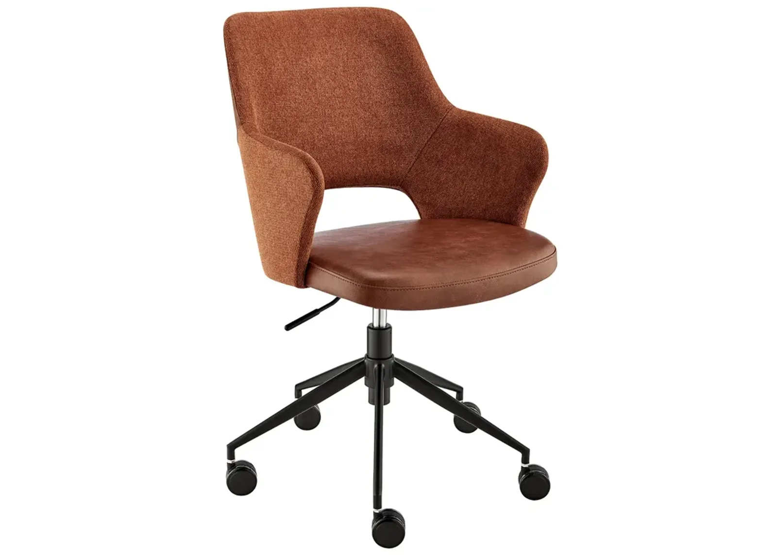 Darcie Office Chair in Dark Brown Leatherette, Orange Fabric and Black Base