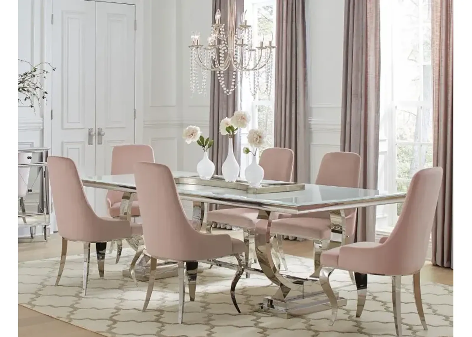 Antoine 7-piece Rectangular Dining Set Chrome and Pink