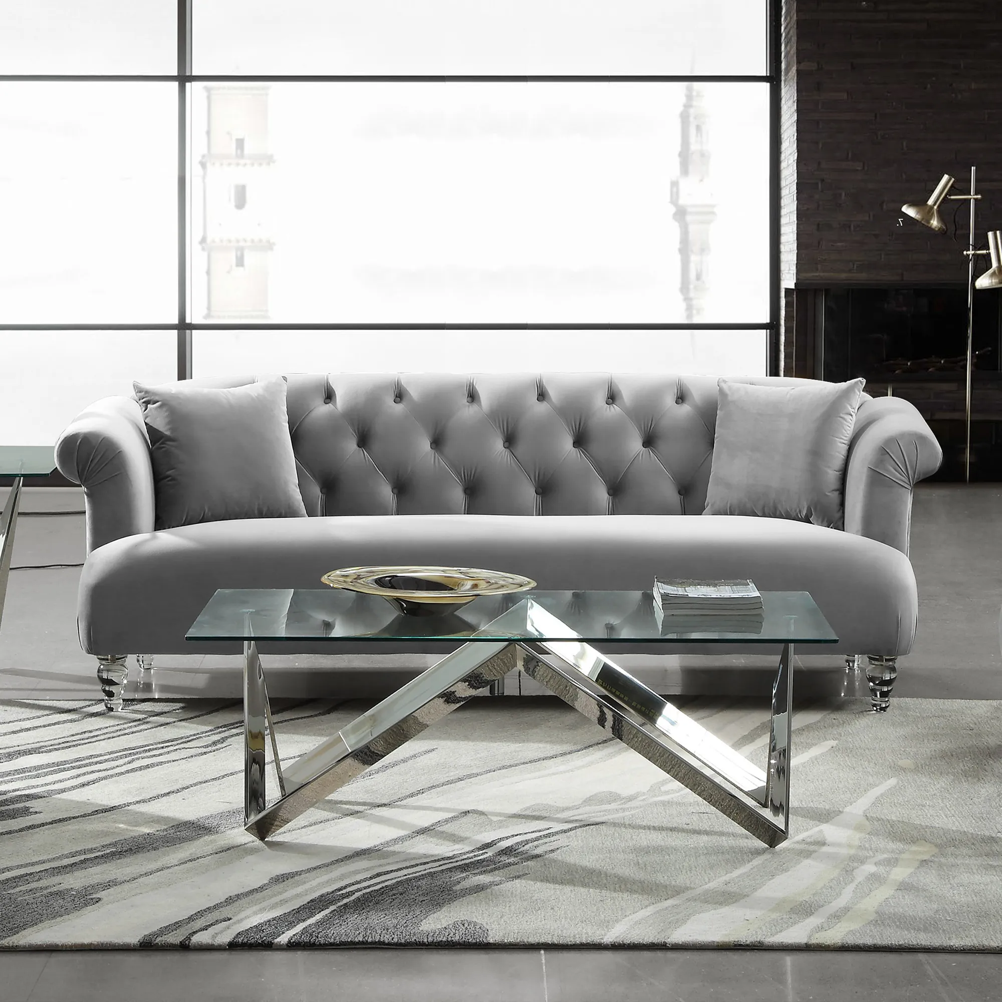 Elegance Contemporary Sofa in Gray Velvet with Acrylic Legs