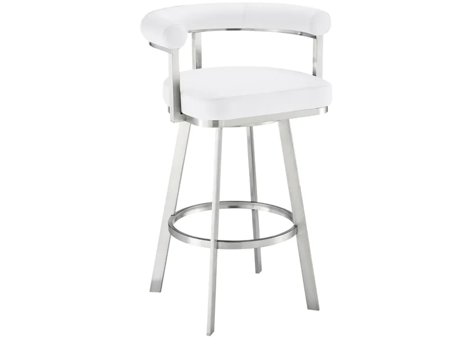 Nolagam Swivel Bar Stool in Brushed Stainless Steel with White Faux Leather