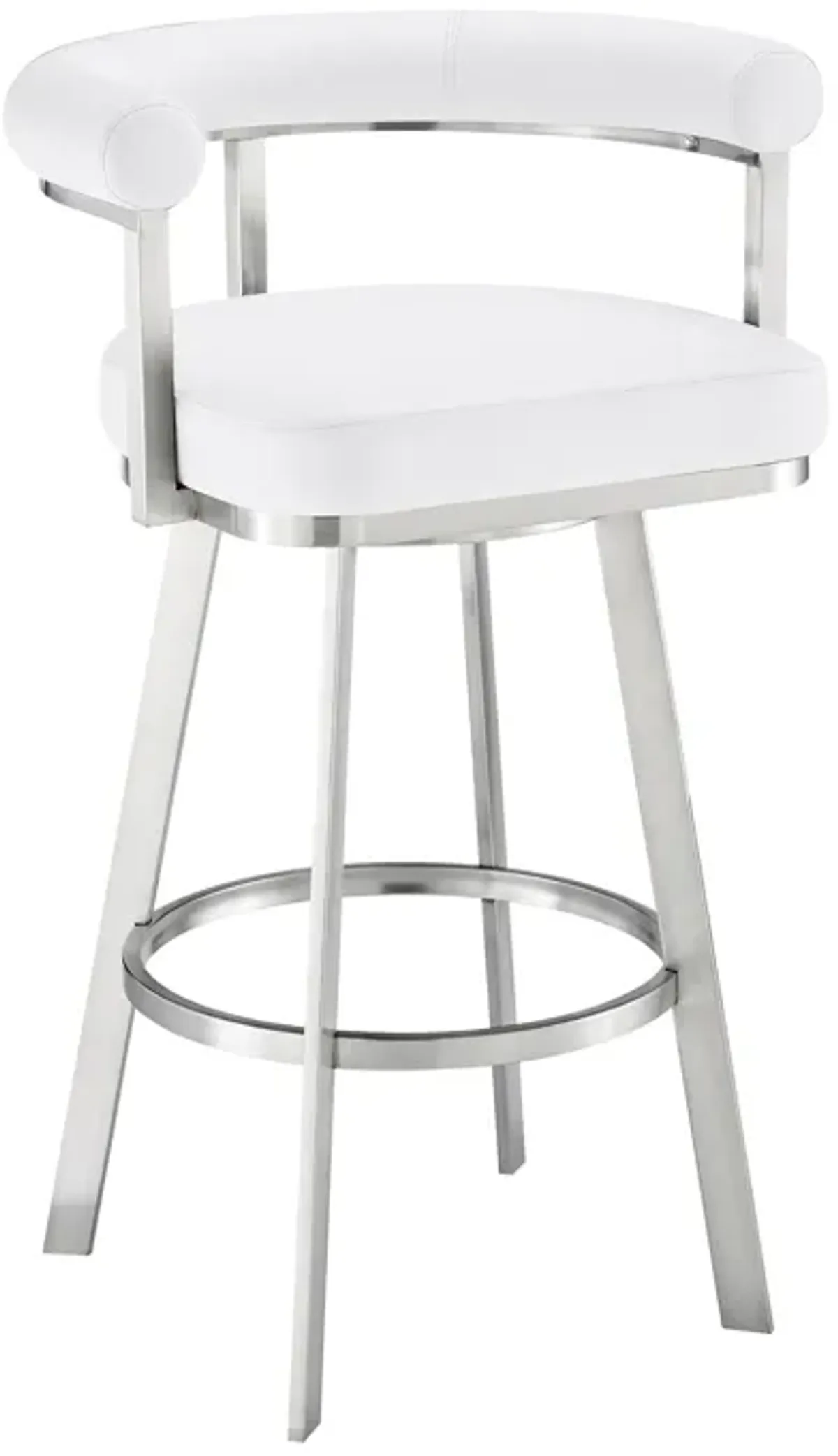 Nolagam Swivel Bar Stool in Brushed Stainless Steel with White Faux Leather