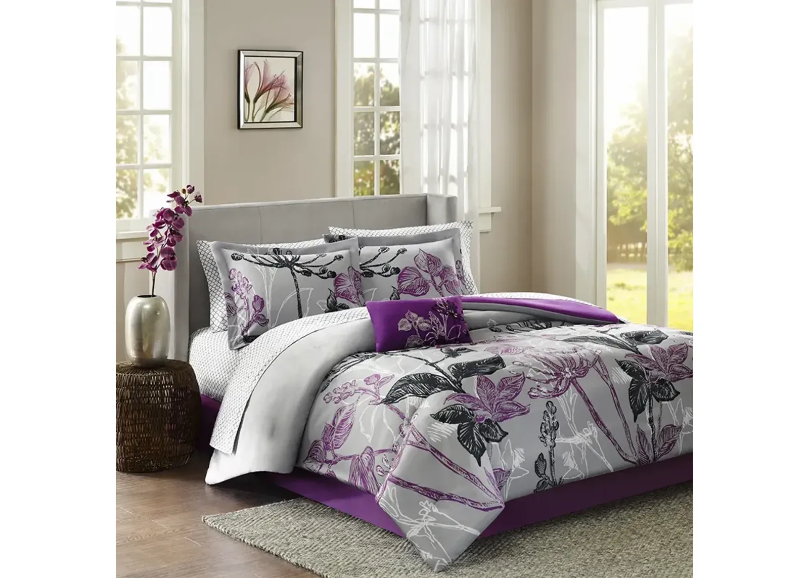 Madison Park Essentials Claremont Purple 9 Piece Comforter Set with Cotton Bed Sheets