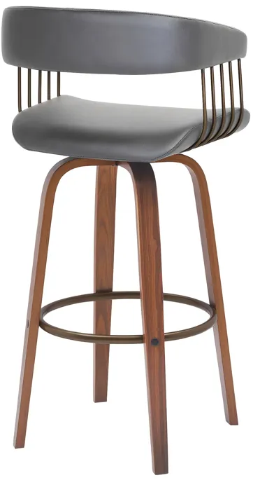 Topanga 30.5" Swivel Walnut Wood Bar Stool in Gray Faux Leather with Golden Bronze Metal