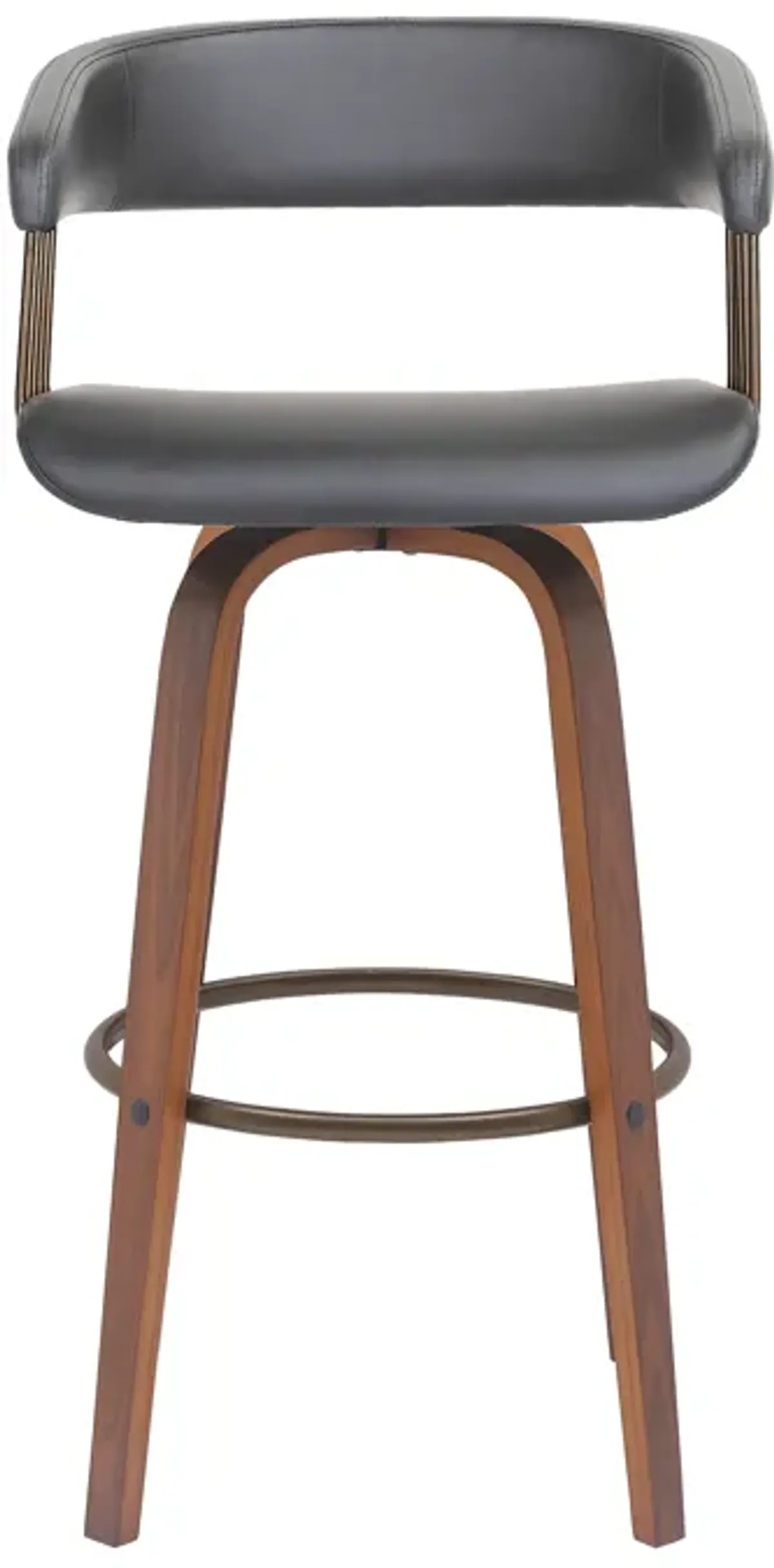 Topanga 30.5" Swivel Walnut Wood Bar Stool in Gray Faux Leather with Golden Bronze Metal