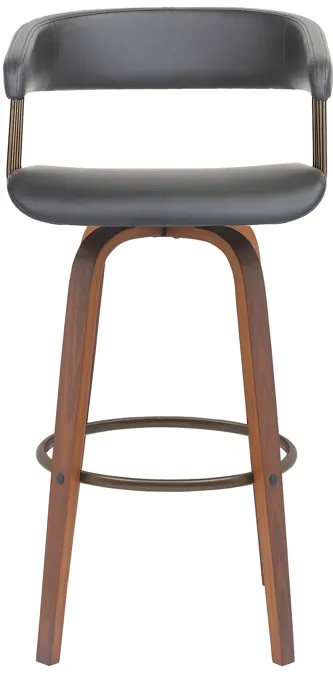 Topanga 30.5" Swivel Walnut Wood Bar Stool in Gray Faux Leather with Golden Bronze Metal