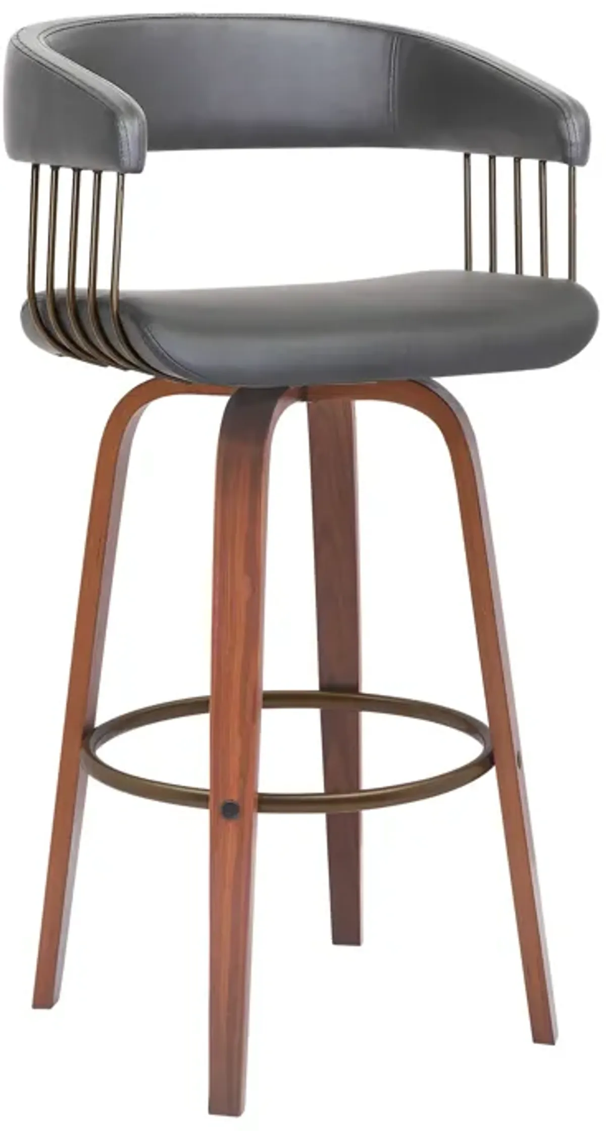 Topanga 30.5" Swivel Walnut Wood Bar Stool in Gray Faux Leather with Golden Bronze Metal