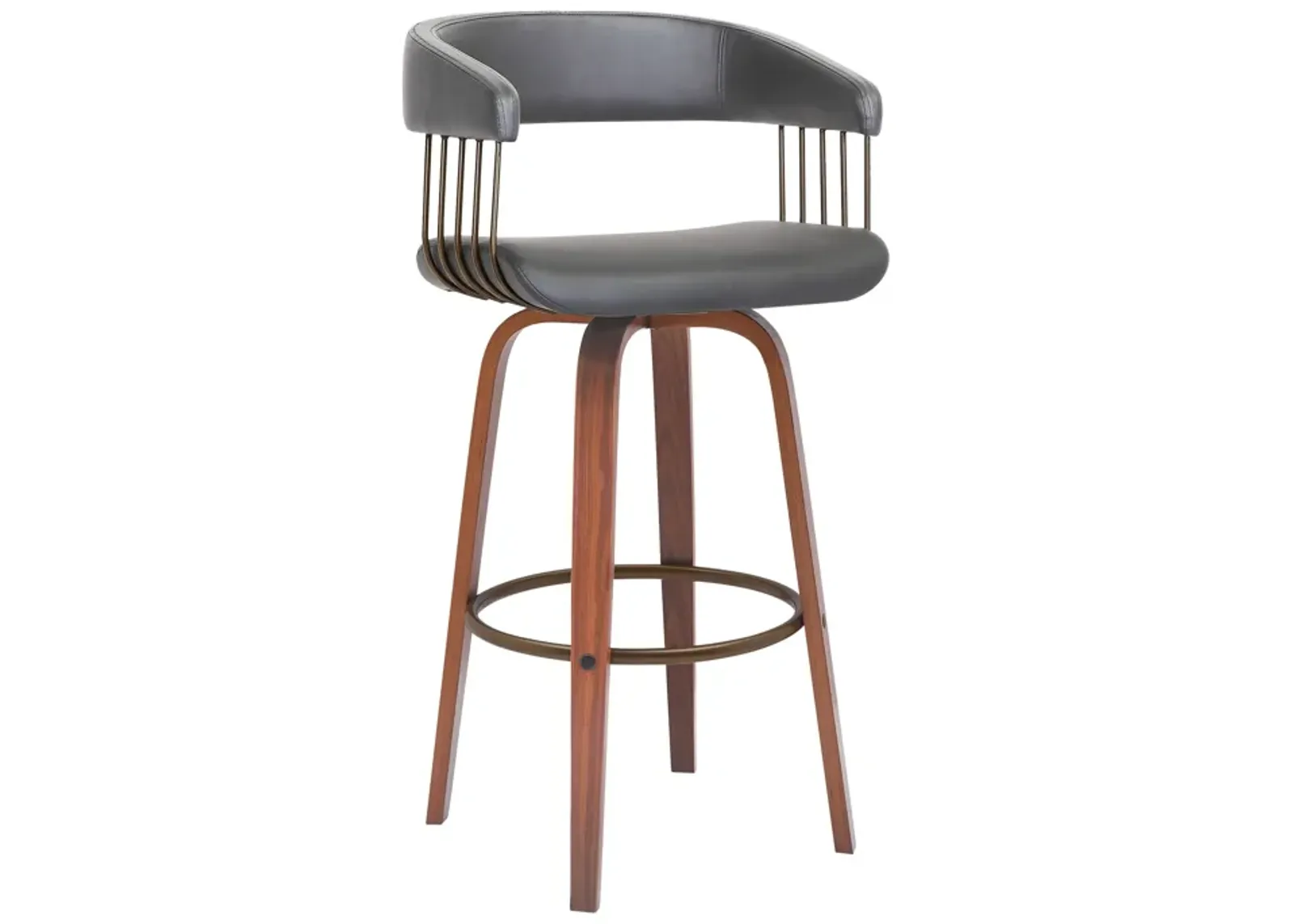 Topanga 30.5" Swivel Walnut Wood Bar Stool in Gray Faux Leather with Golden Bronze Metal