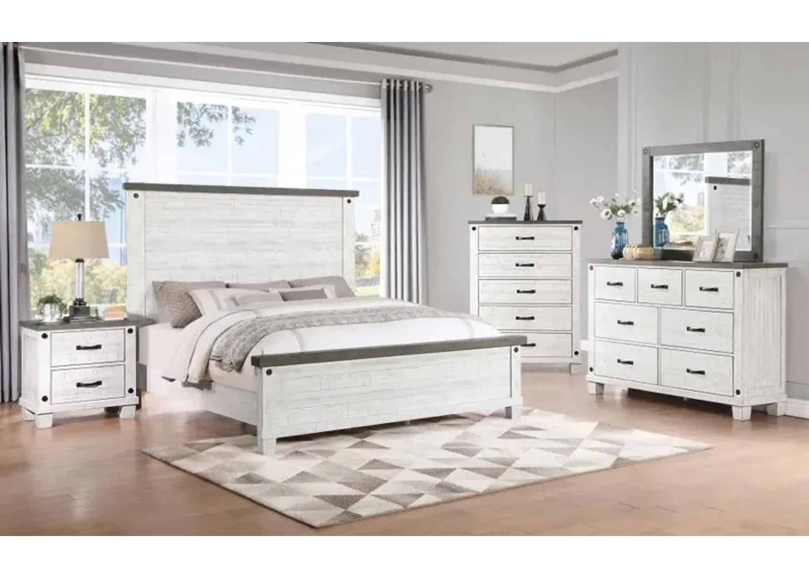 Lilith 5-piece Eastern King Bedroom Set Distressed Grey and White