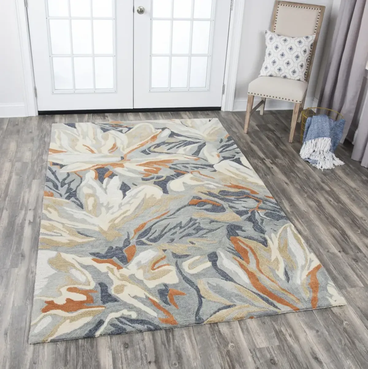 Mod Beige/Gray Abstract Floral Wool/Tencel 8' x 10' Rectangle Rug