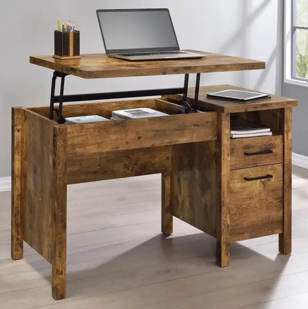 Delwin Lift Top Office Desk with File Cabinet Antique Nutmeg