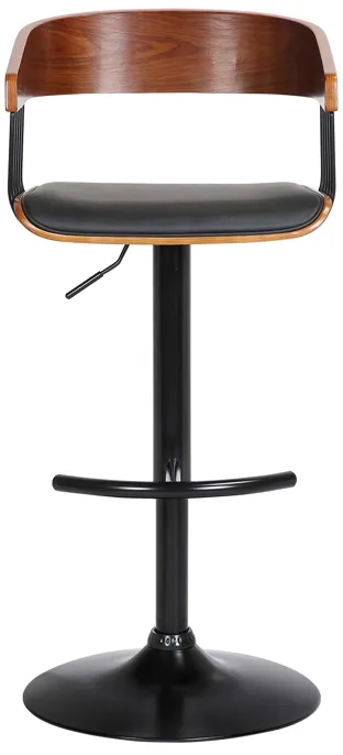 Larisa Adjustable Walnut Wood Bar Stool in Black Faux Leather with Black Metal