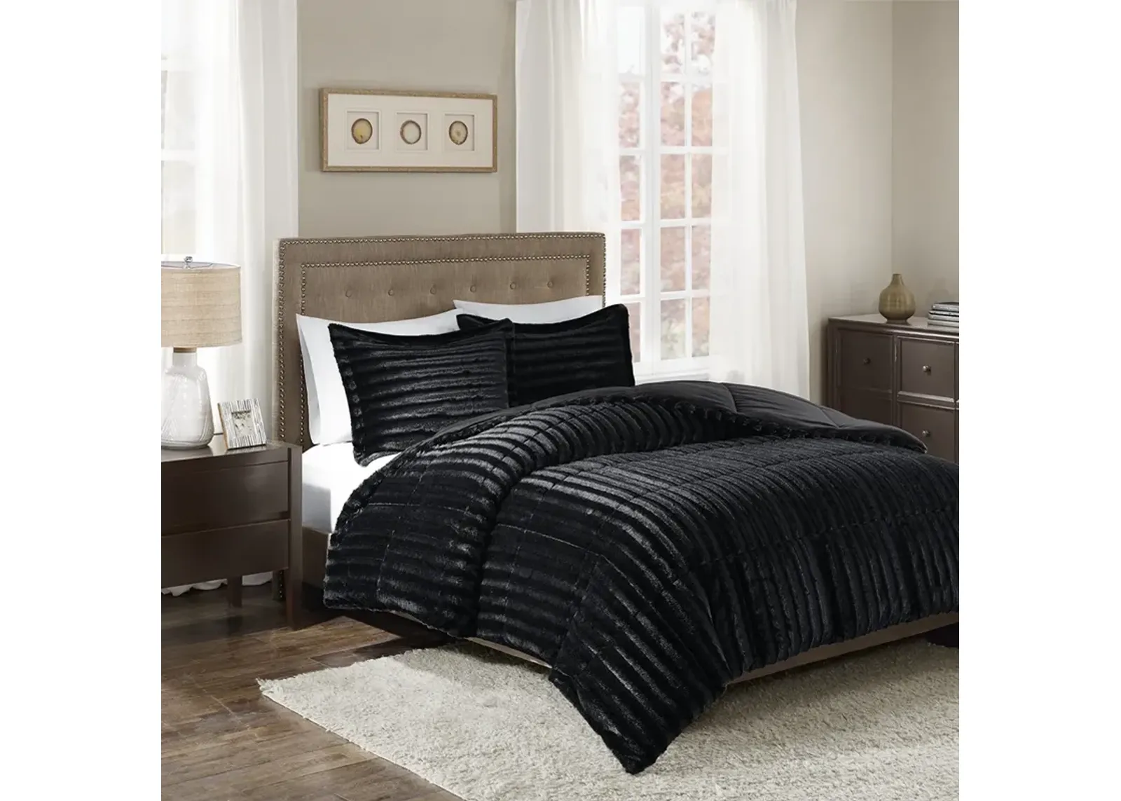 Madison Park Duke Black Faux Fur Comforter Mini Set