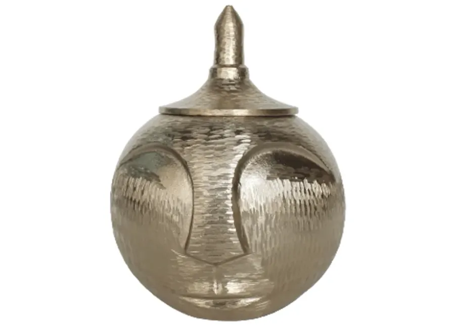 Metal, 13" Face Jar With Lid, Champagne