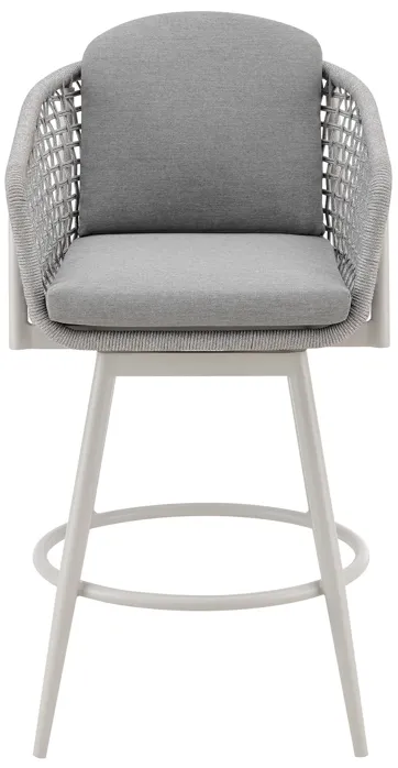 Rhodes Outdoor Patio Swivel Bar Stool in Aluminum with Light Gray Rope and Cushions