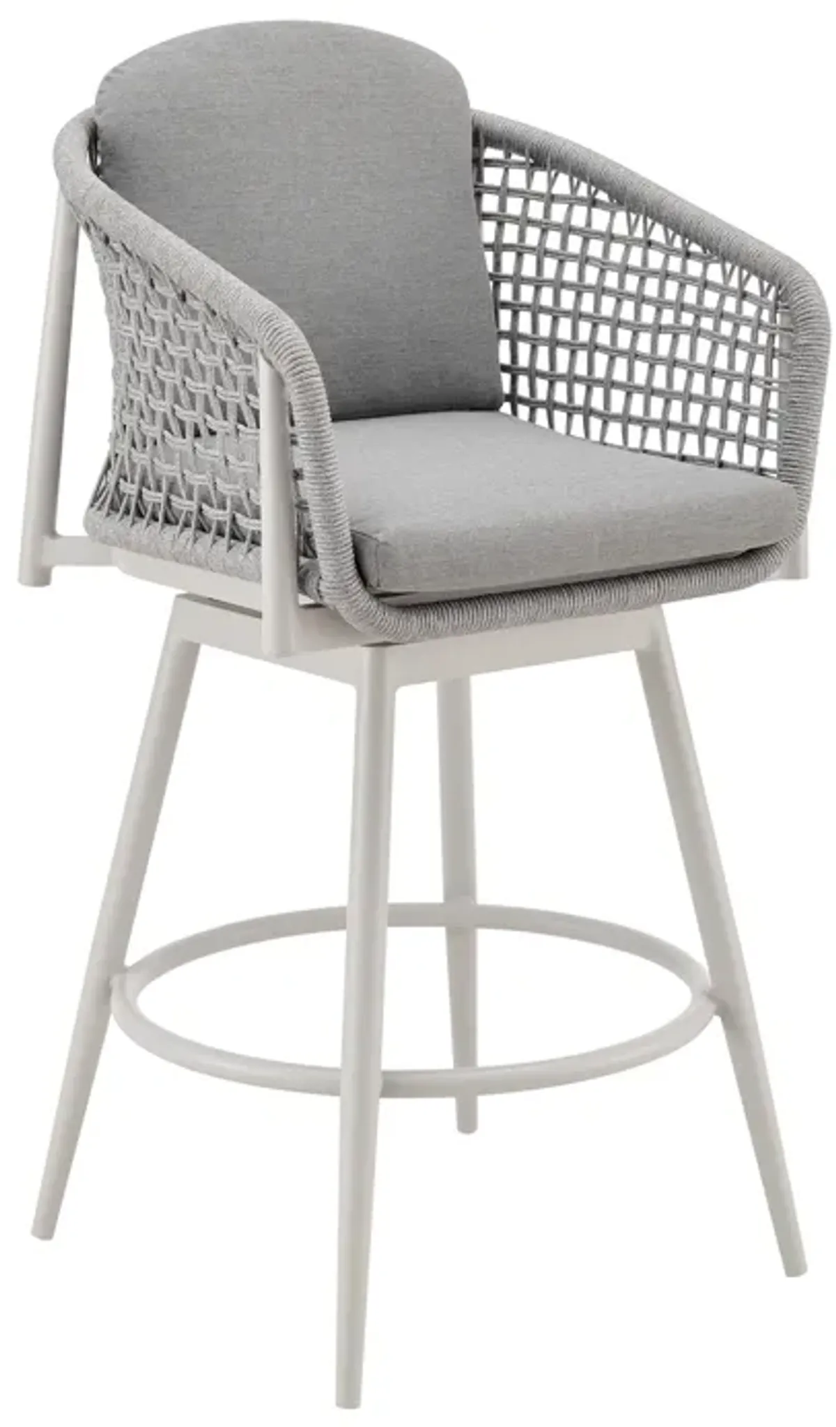 Rhodes Outdoor Patio Swivel Bar Stool in Aluminum with Light Gray Rope and Cushions