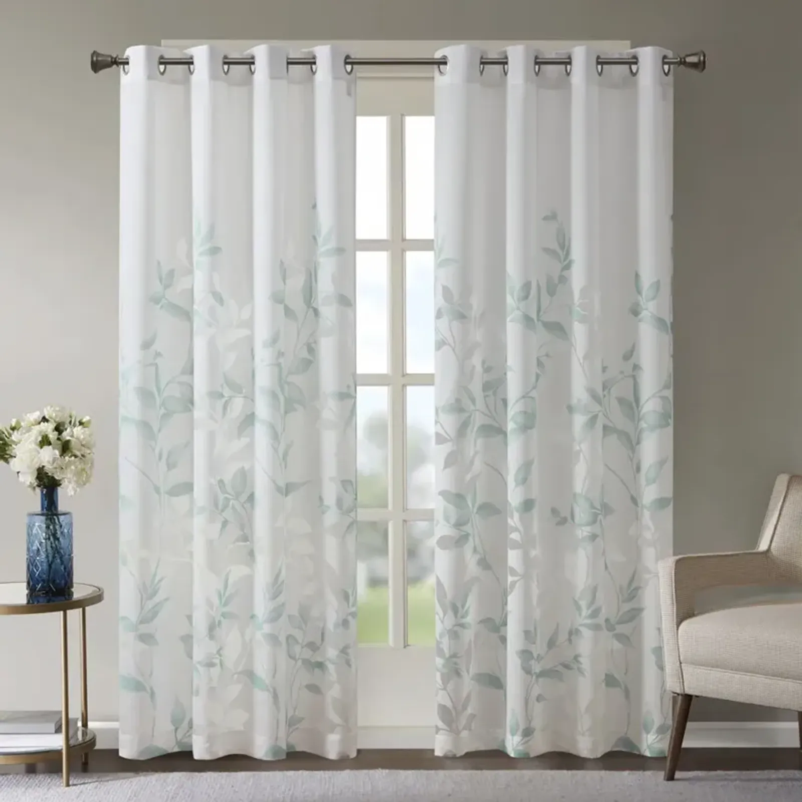 Madison Park Cecily Aqua Burnout Printed Curtain Panel