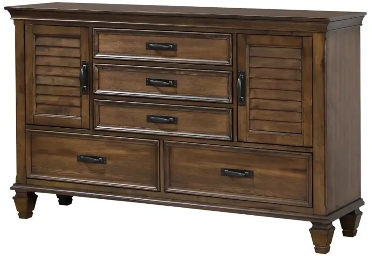 Franco 5-drawer Dresser with 2 Louvered Doors Burnished Oak