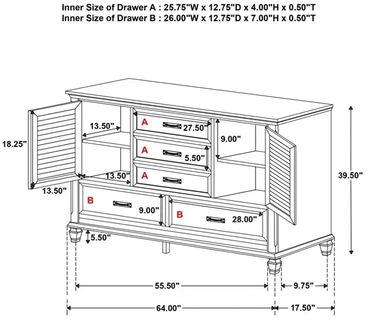 Franco 5-drawer Dresser with 2 Louvered Doors Burnished Oak