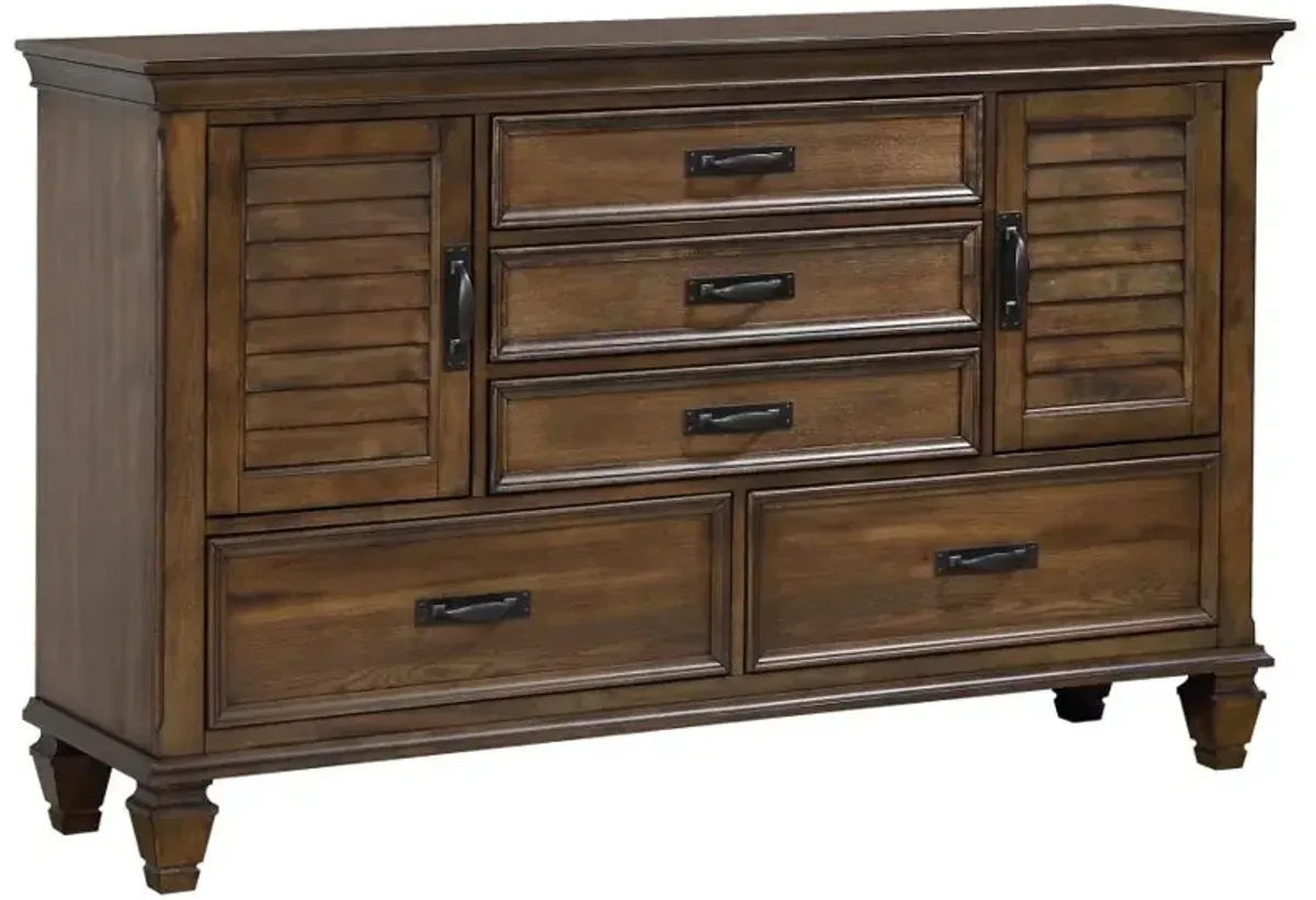 Franco 5-drawer Dresser with 2 Louvered Doors Burnished Oak