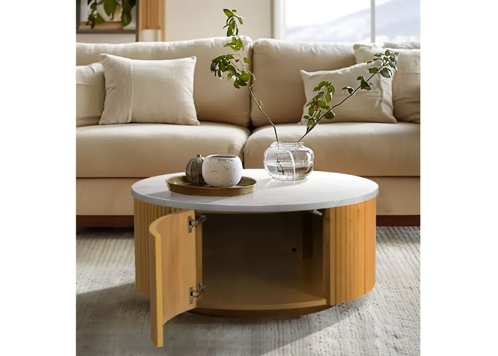 Faux White Marble Round Coffee Table with Storage