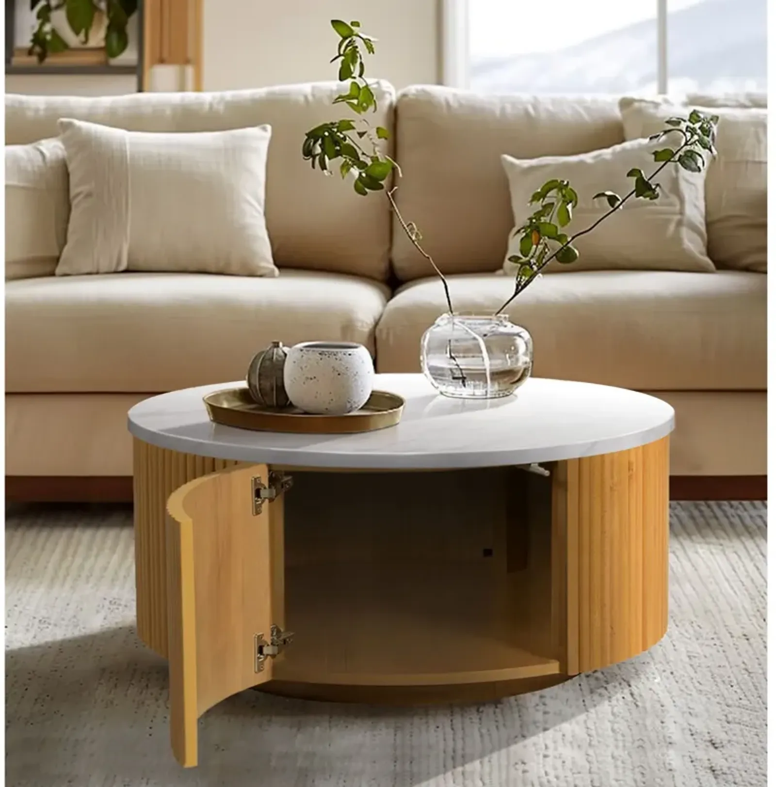 Faux White Marble Round Coffee Table with Storage