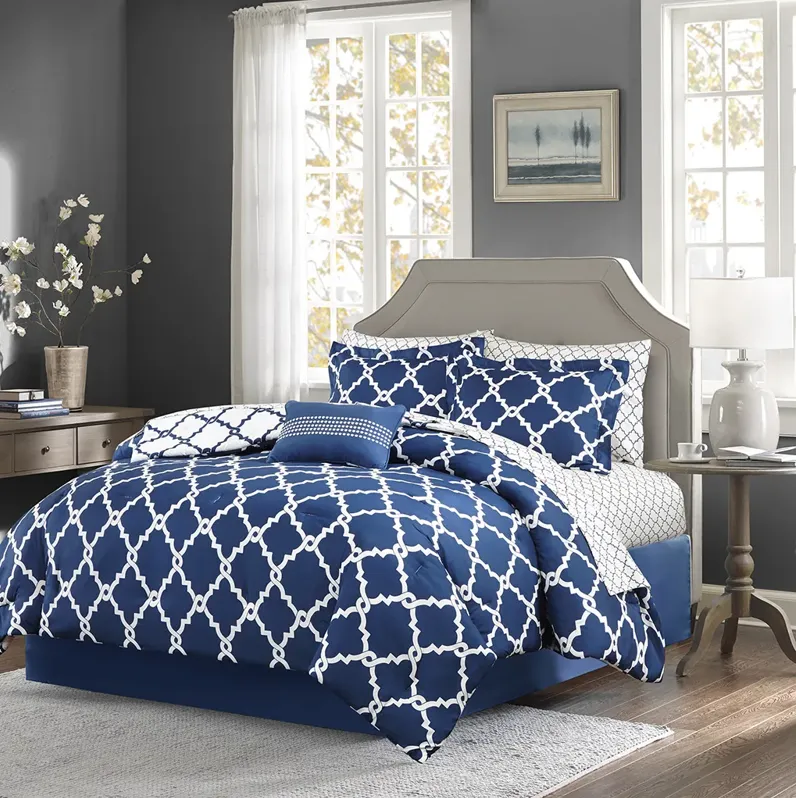 Madison Park Essentials Merritt Navy 9 Piece Comforter Set with Cotton Bed Sheets